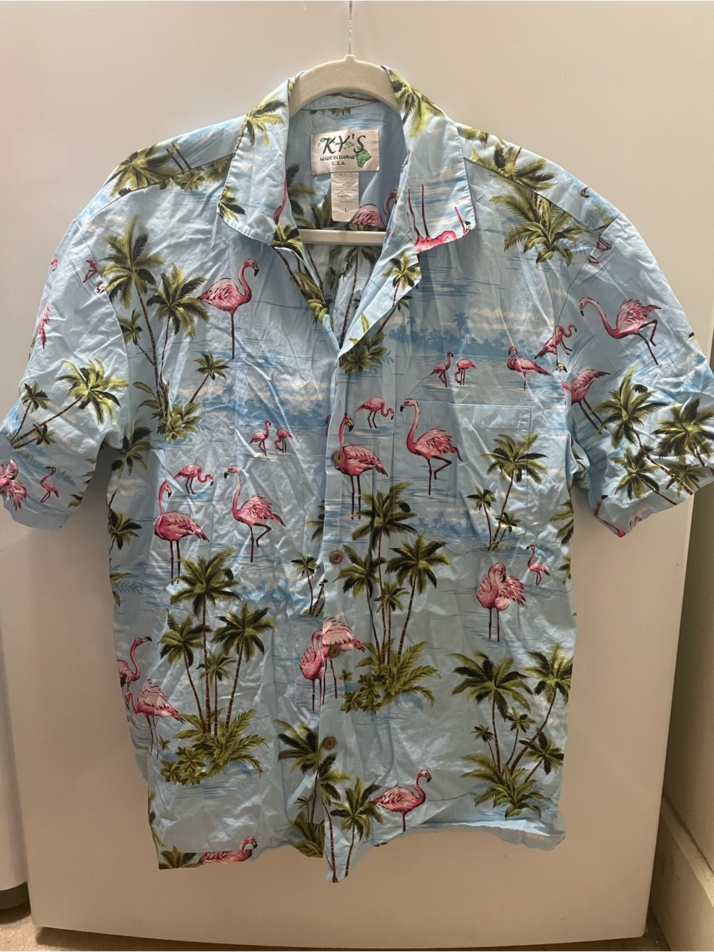 KYS Shirt Mens L Blue Hawaiian Flamingo Palms Camp Button Front Made In Hawaii